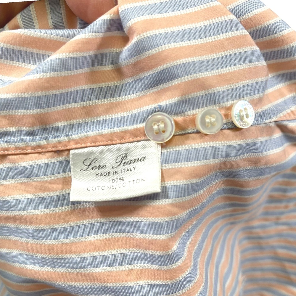 Loro Piana 16 41 Orange Blue Striped Button Down Shirt Cotton Italian Luxury - Picture 10 of 11